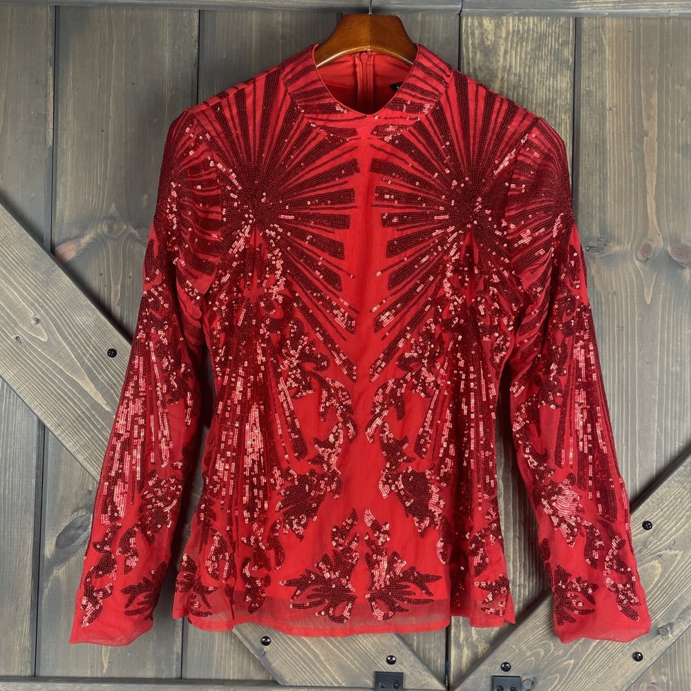 Boston Proper Red Sequin Mesh Mock Neck Blouse Long Sleeves Women's Size Small